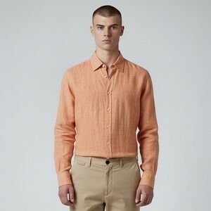 Saks Fifth Avenue Shirt Mens Medium Orange 100% Linen Button Down Lightweight